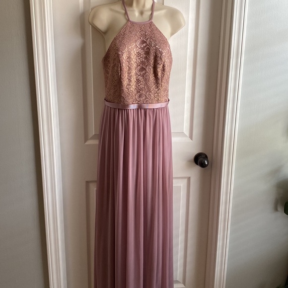 David's Bridal Dresses & Skirts - David's Bridal Rose Gold Metallic Open-Back Lace Long Bridesmaid Dress Size 8